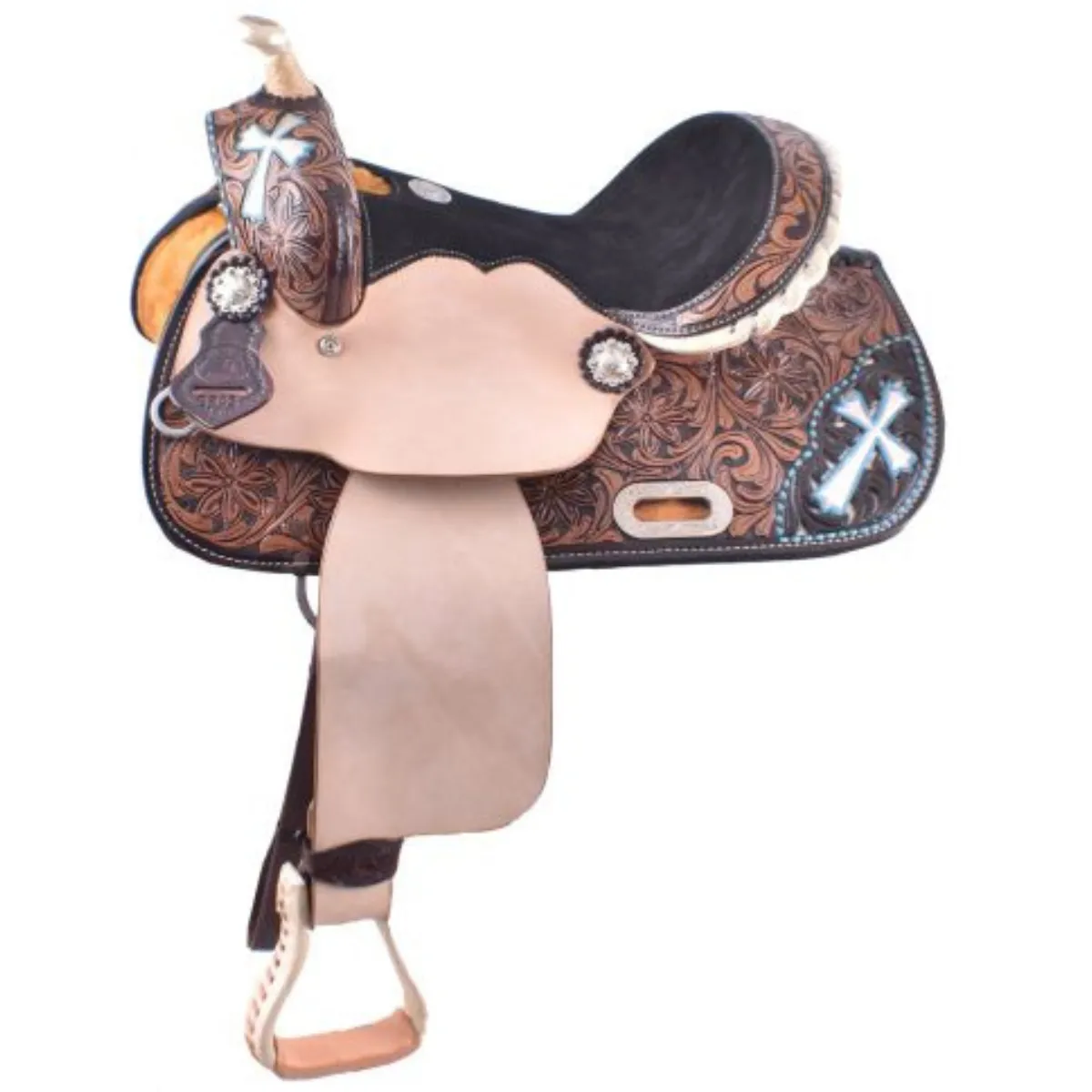 13" HAND PAINTED CROSS DESIGN DOUBLE T BARREL SADDLE