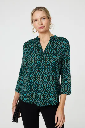 Aztec Print 3/4 Sleeve Curve Hem Blouse