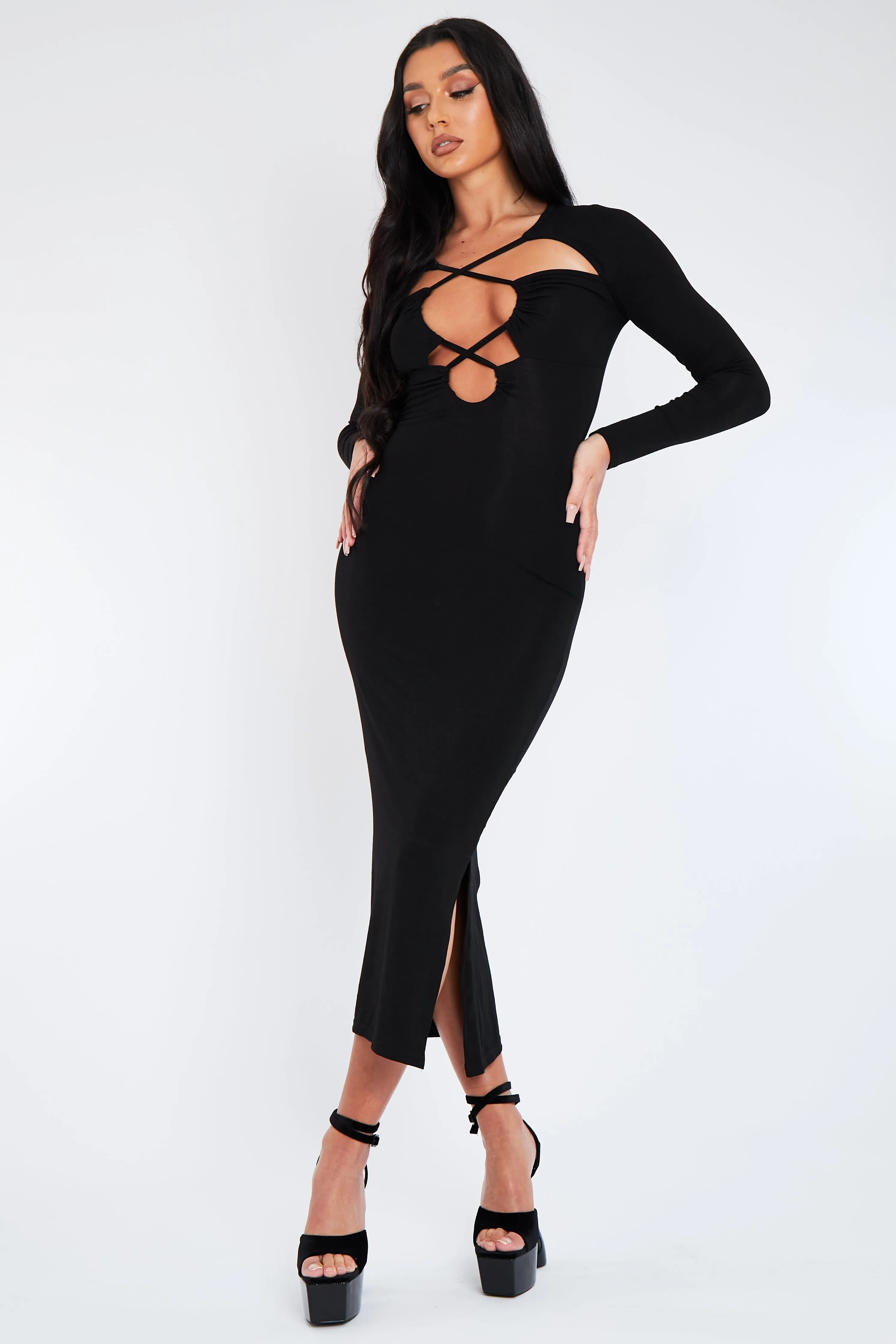 Black Cut Out Neck Side Slit Midi  Dress - Miriam