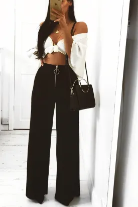 Black Zip Front High Waisted Flare Trousers - Gerta