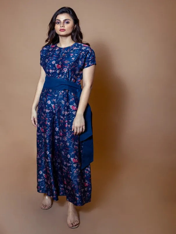 Blue Floral Chanderi Silk Jumpsuit