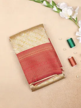 Cream Art Silk Saree with Leaf and Vines Design on the Body with Contrast Border