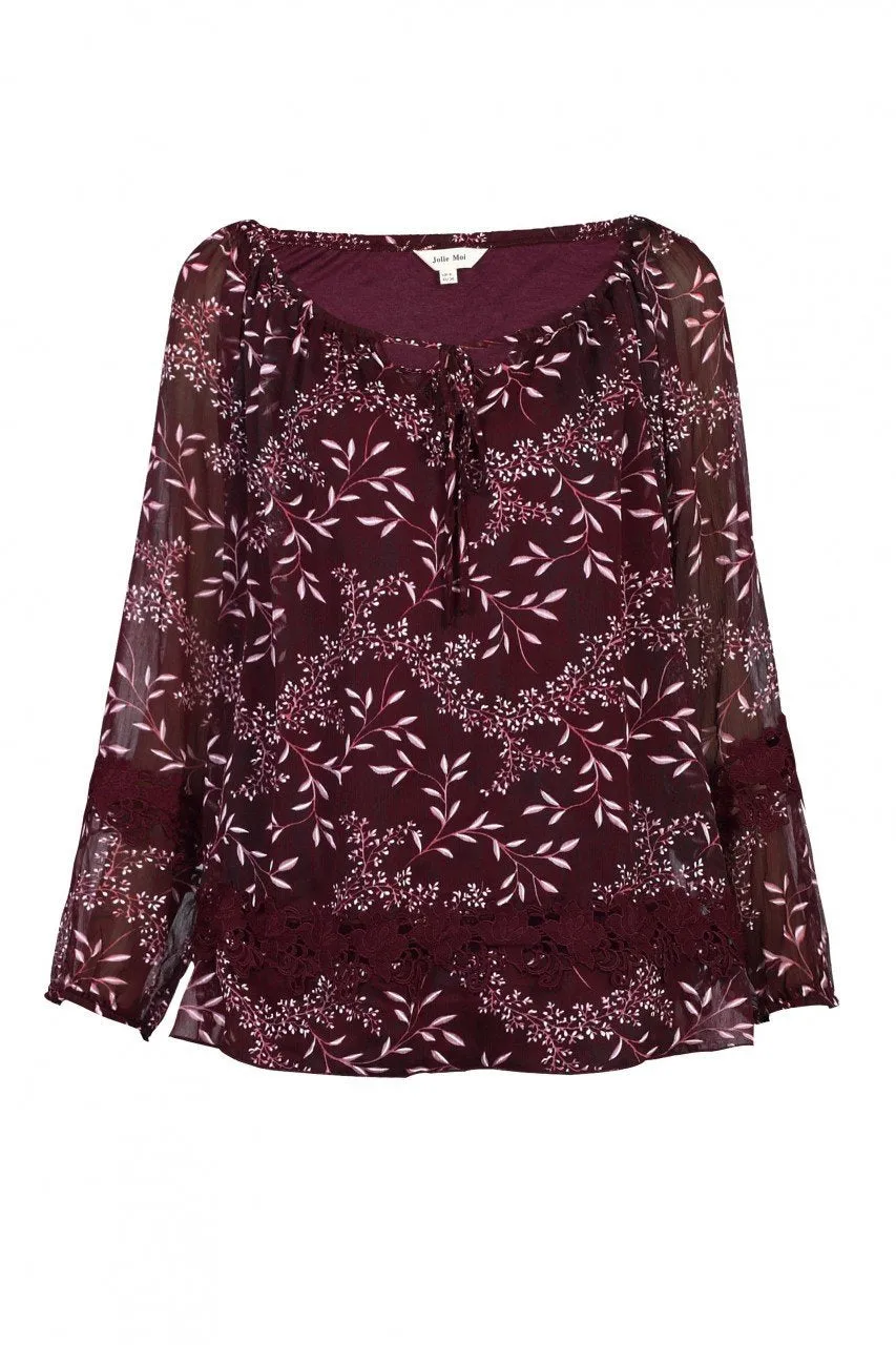 Crochet Lace Insert Blouse, Burgundy