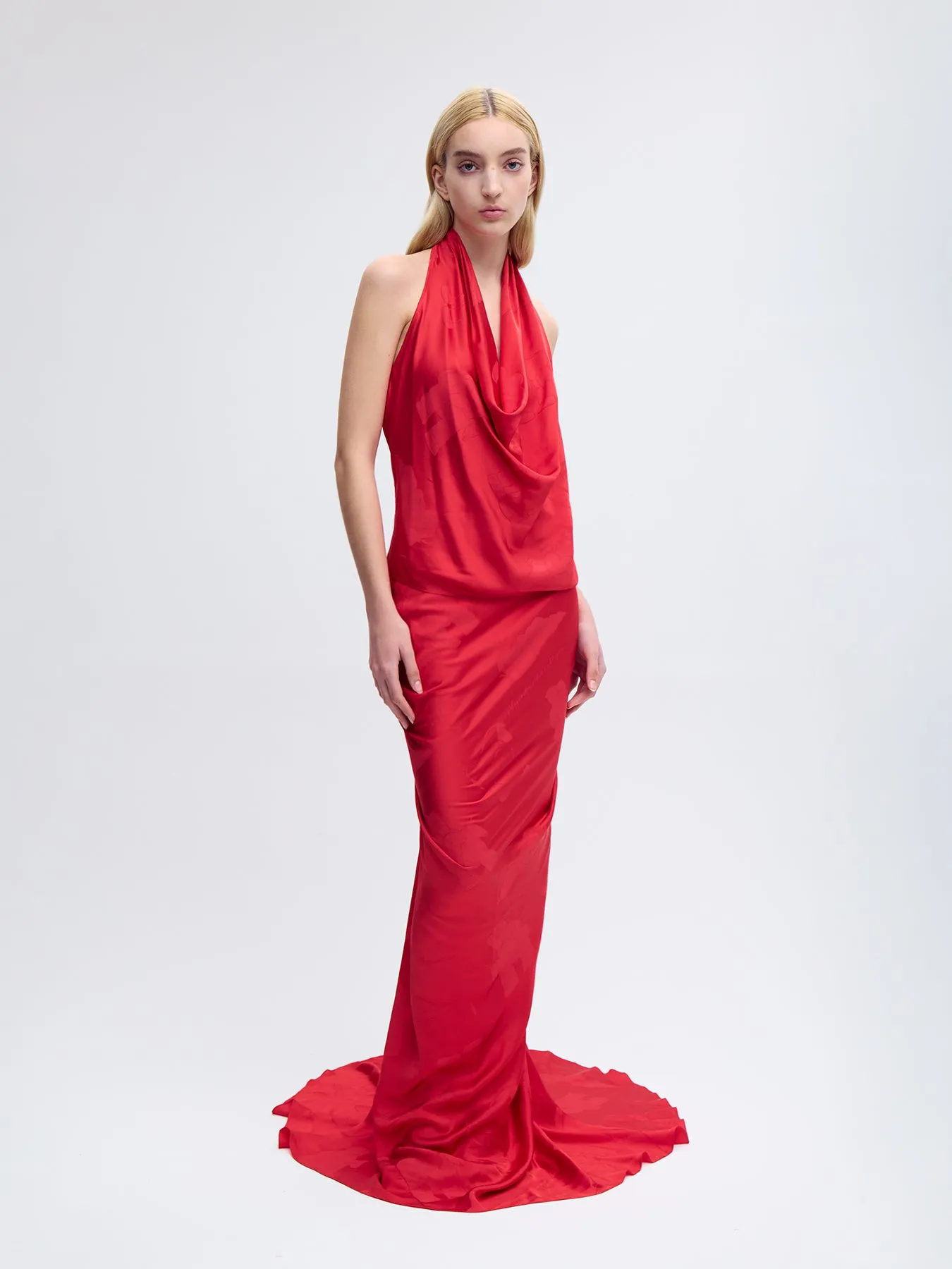 Draped Silk Maxi Skirt in Red