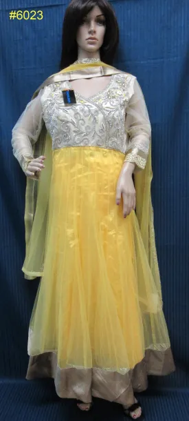 Dress 6023 Yellow Net Flared Long Tunic Gold Detail Set Large Size