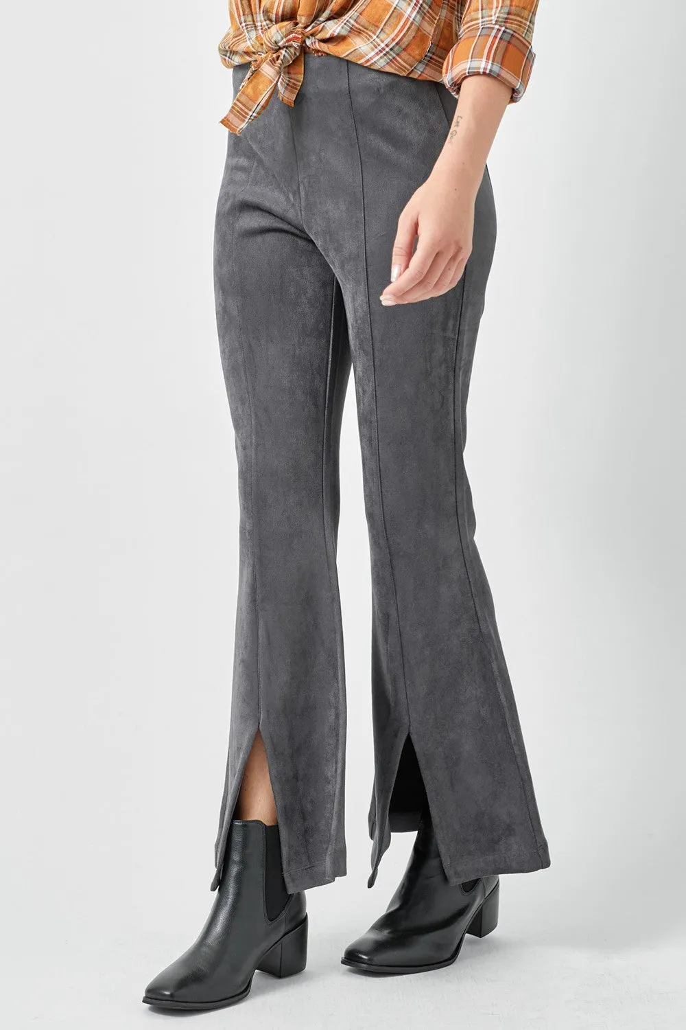 Front Slit Suede Flare Pants - Charcoal