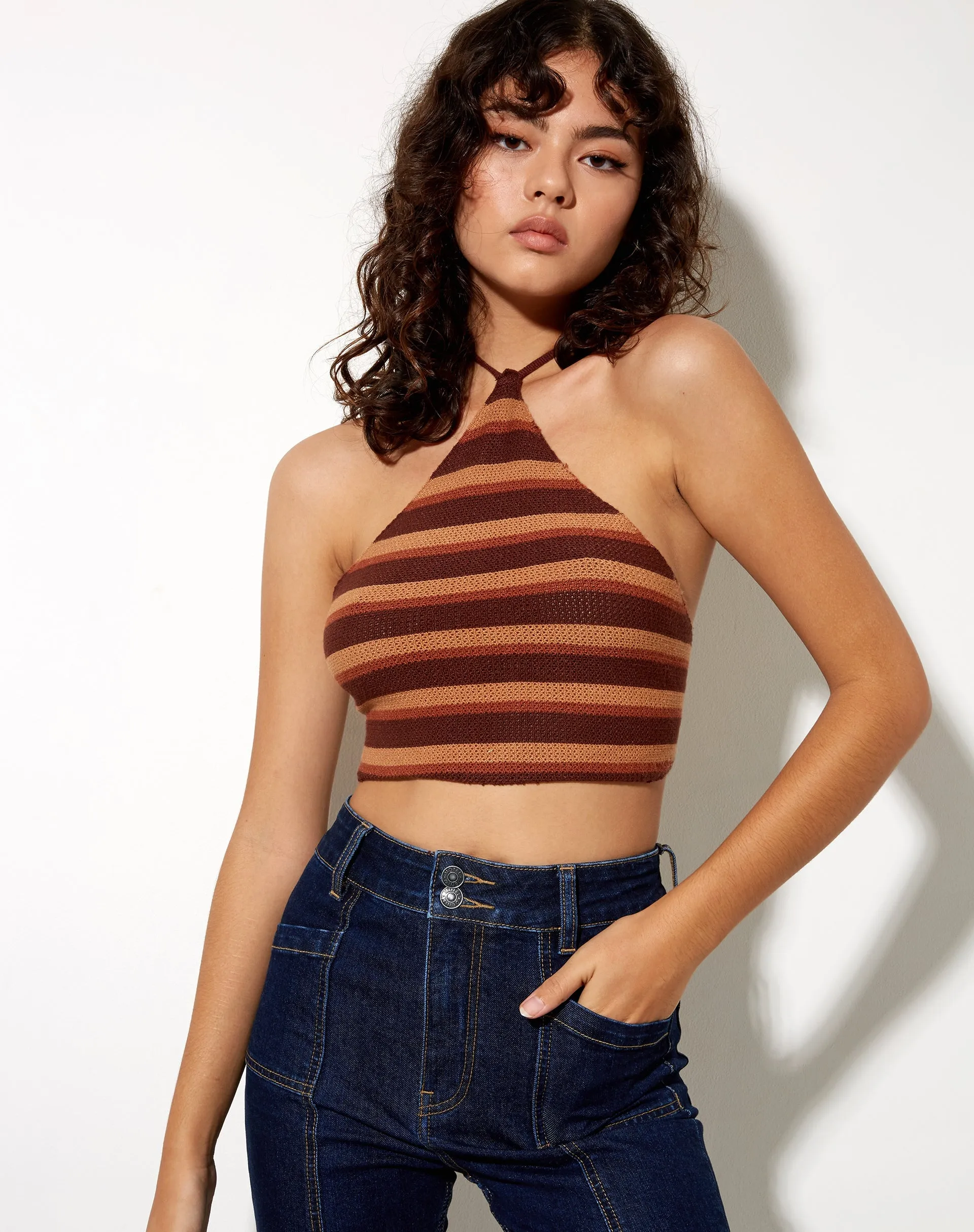 Groci Crop Top in Crochet Knit Stripe Brown Chocolate