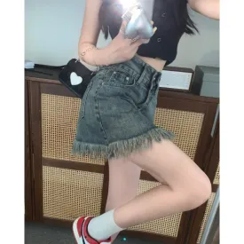 High-Waisted Frayed Edge Retro Tassel Bodycon Denim Skirt