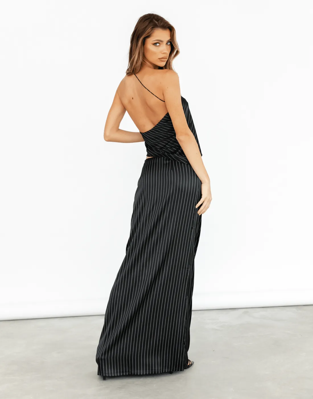 Hudson Satin Maxi Skirt (Black Pinstripe) - By Lioness