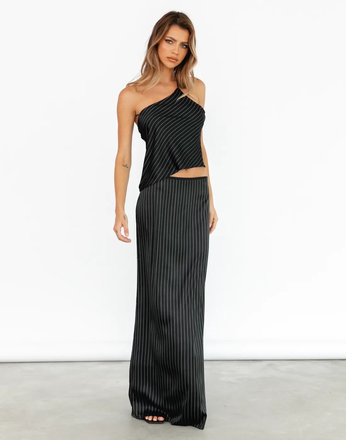 Hudson Satin Maxi Skirt (Black Pinstripe) - By Lioness