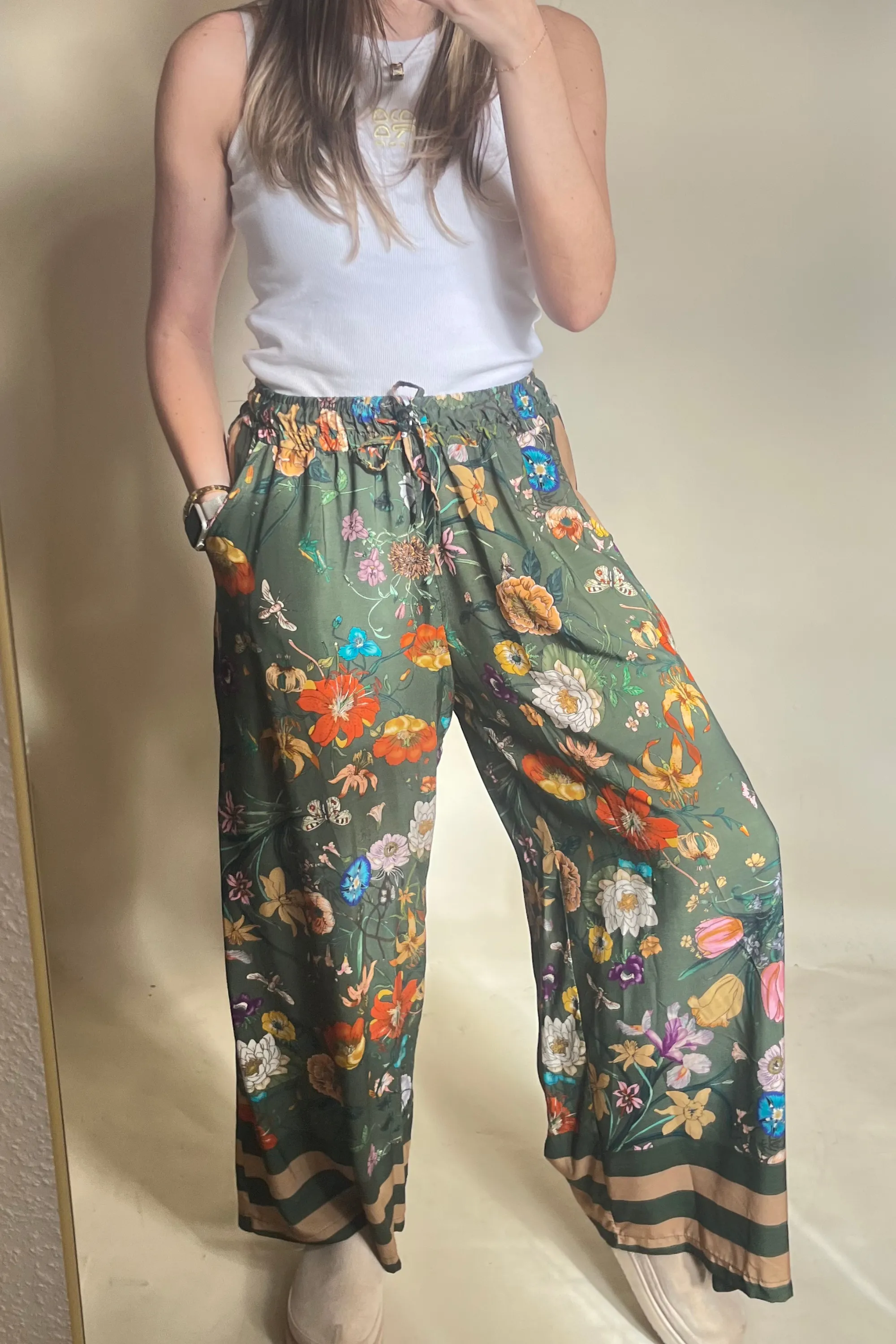 Khaki floral floaty trousers