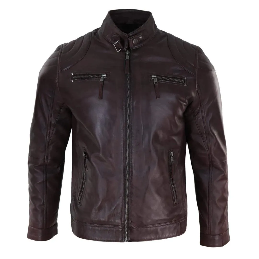 Mens Biker Zip Jacket Real Leather Casual Light Short Classic Retro Motorcycle