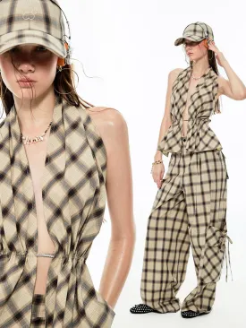 Multilayer Gradient Plaid Halter Backless Tops【s0000009144】