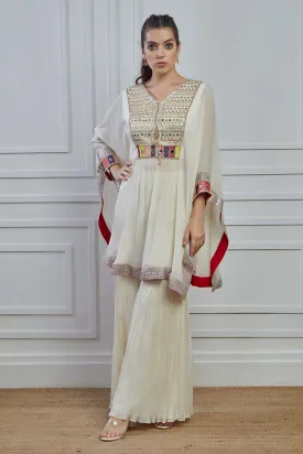 Off White Embroidered Crepe Silk Kaftan Sharara Set