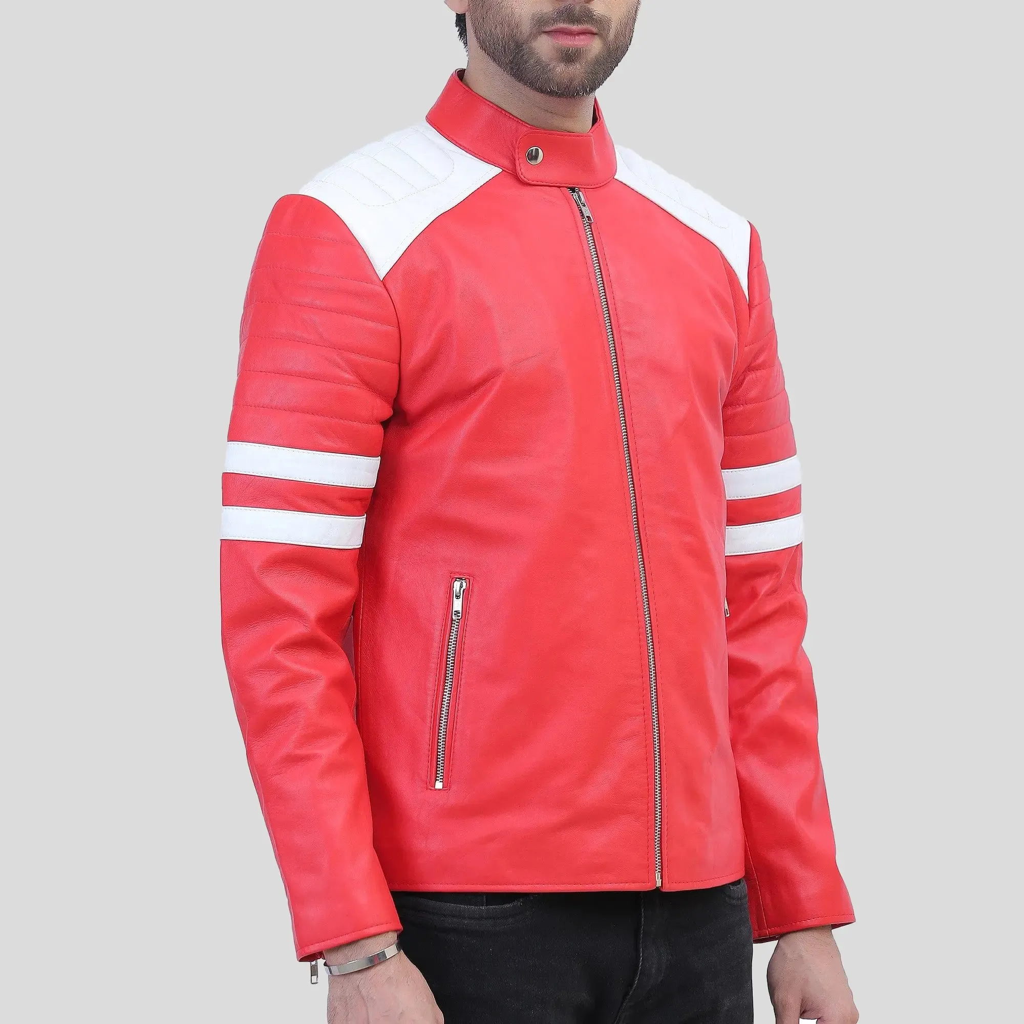 Red Leather Motorcycle Jacket with White Stripes