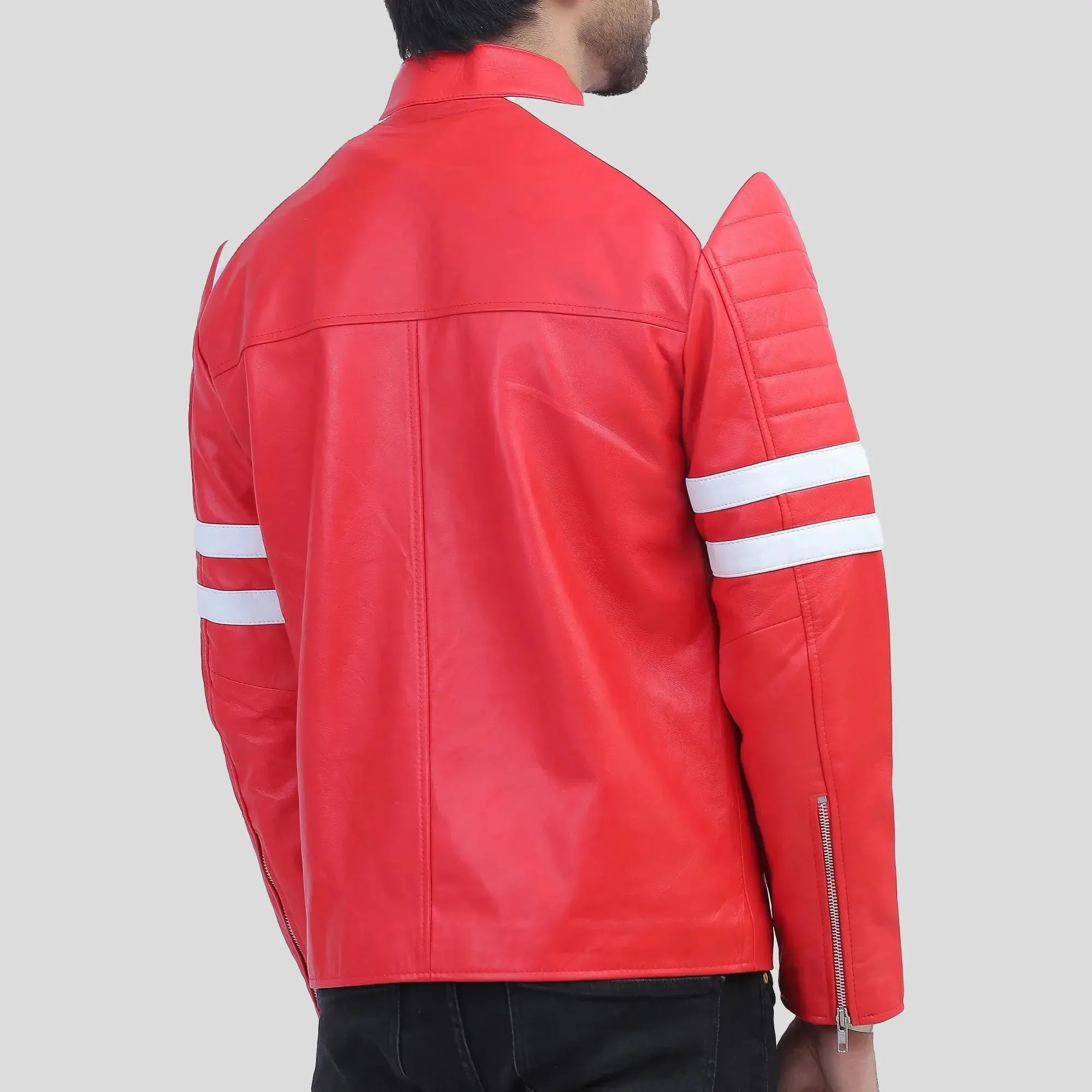 Red Leather Motorcycle Jacket with White Stripes