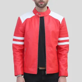 Red Leather Motorcycle Jacket with White Stripes