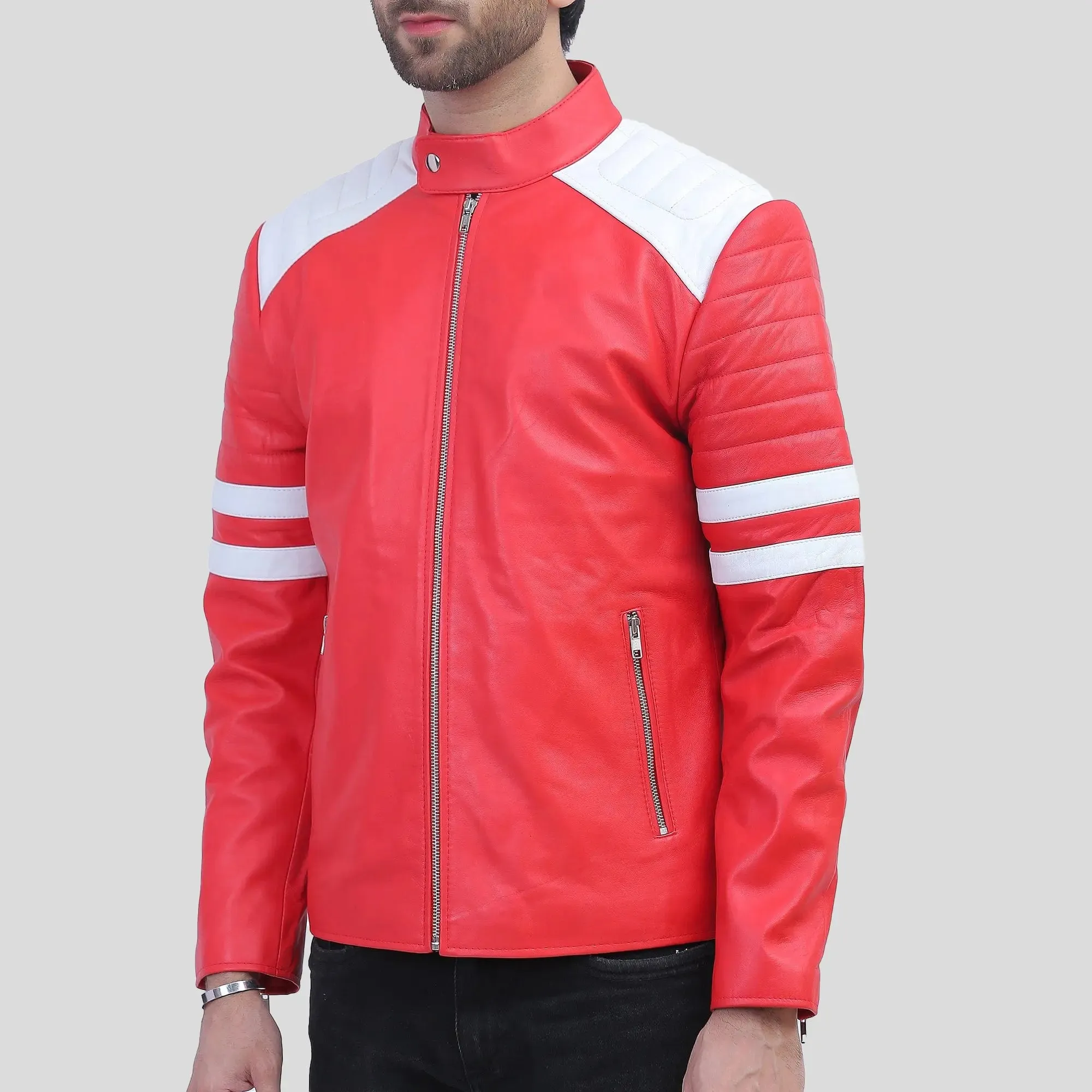 Red Leather Motorcycle Jacket with White Stripes