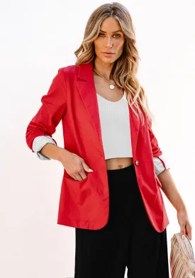 Red Women's Business Casual Pocket Notched Lapels Blazer Long Rolled Up Sleeve Blazer