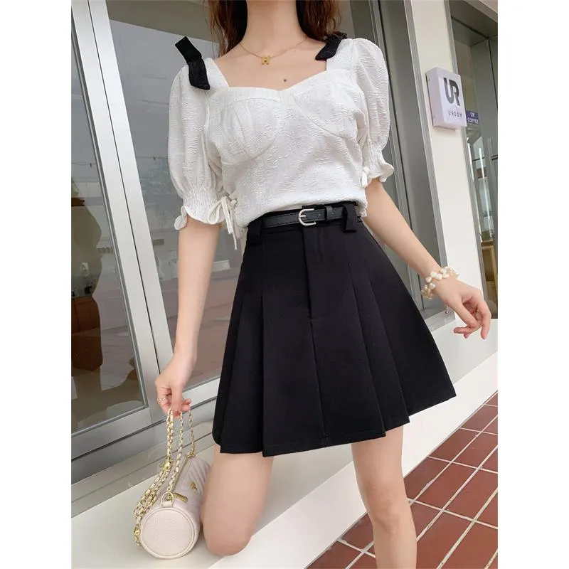 Slimming High-Waisted Accordion Pleat Skirt Ruffle Hem Skirt