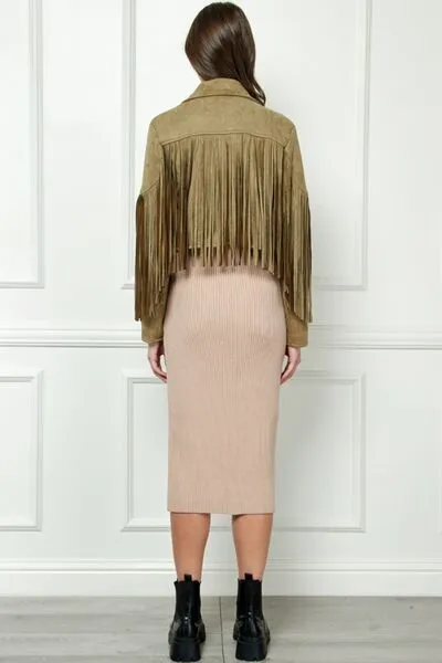 TEEK - Olive Suede Fringe Long Sleeve Moto Jacket