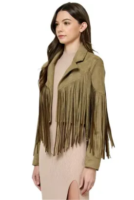 TEEK - Olive Suede Fringe Long Sleeve Moto Jacket