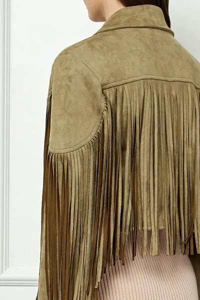 TEEK - Olive Suede Fringe Long Sleeve Moto Jacket