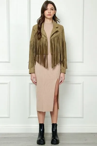 TEEK - Olive Suede Fringe Long Sleeve Moto Jacket