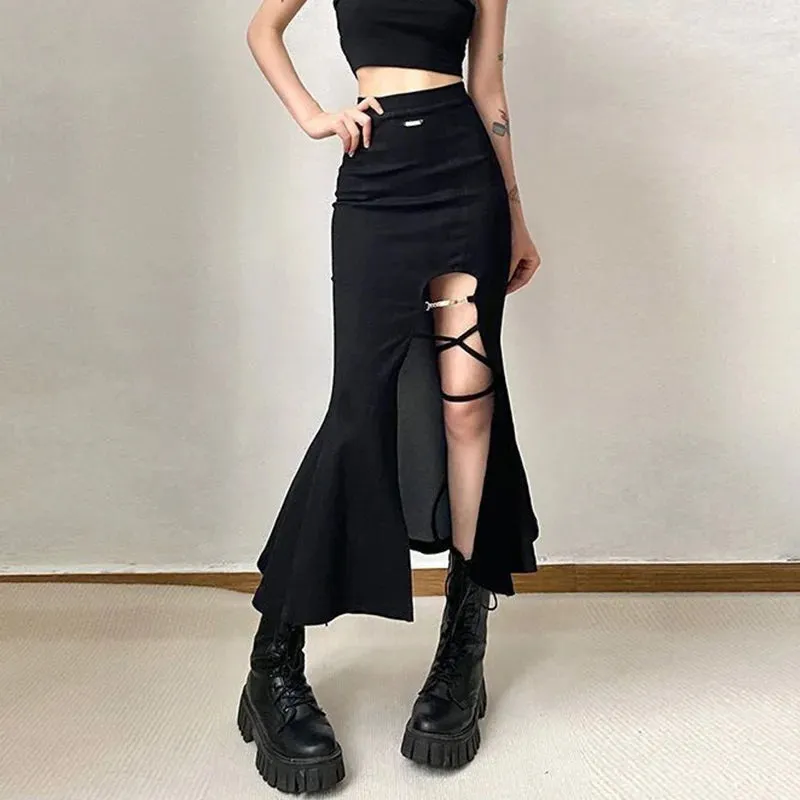 Toleet-Black Gothic Split Mermaid Skirts Women Summer Punk Style High Waist Long Skirt Women Harajuku Bandage Midi Skirts Female