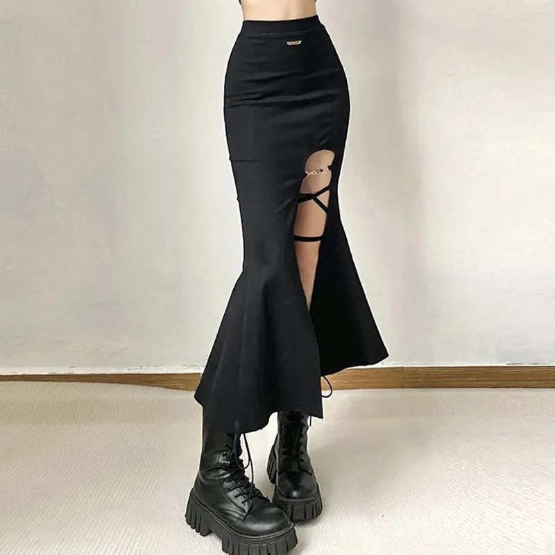 Toleet-Black Gothic Split Mermaid Skirts Women Summer Punk Style High Waist Long Skirt Women Harajuku Bandage Midi Skirts Female