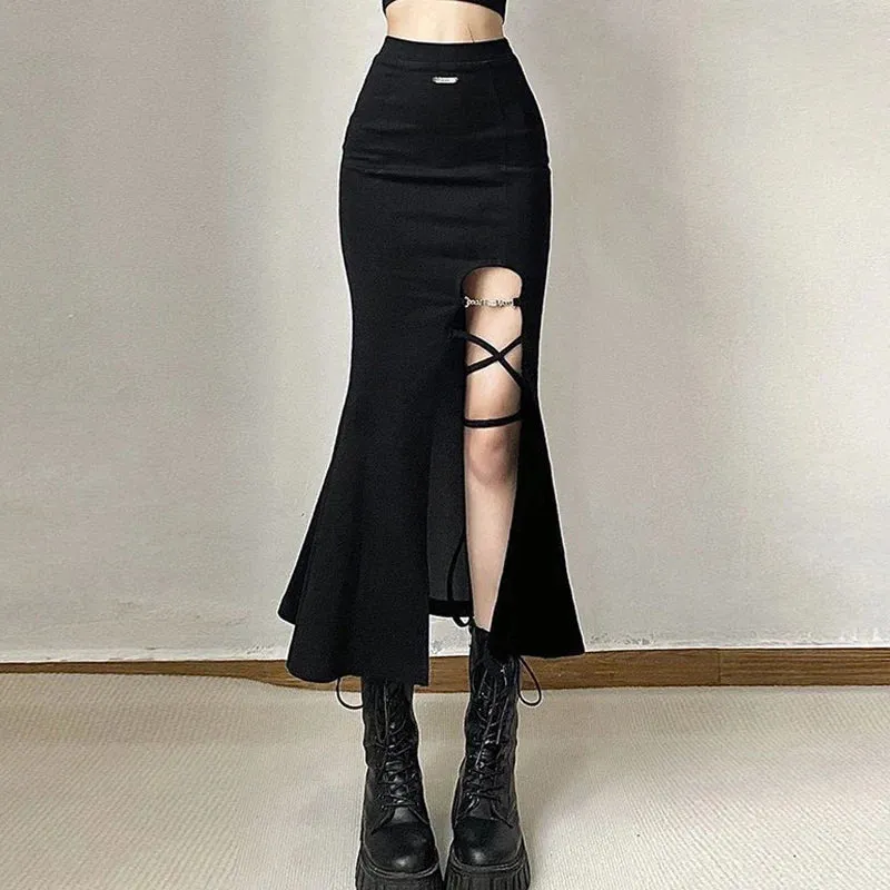 Toleet-Black Gothic Split Mermaid Skirts Women Summer Punk Style High Waist Long Skirt Women Harajuku Bandage Midi Skirts Female