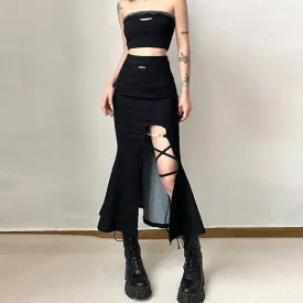 Toleet-Black Gothic Split Mermaid Skirts Women Summer Punk Style High Waist Long Skirt Women Harajuku Bandage Midi Skirts Female