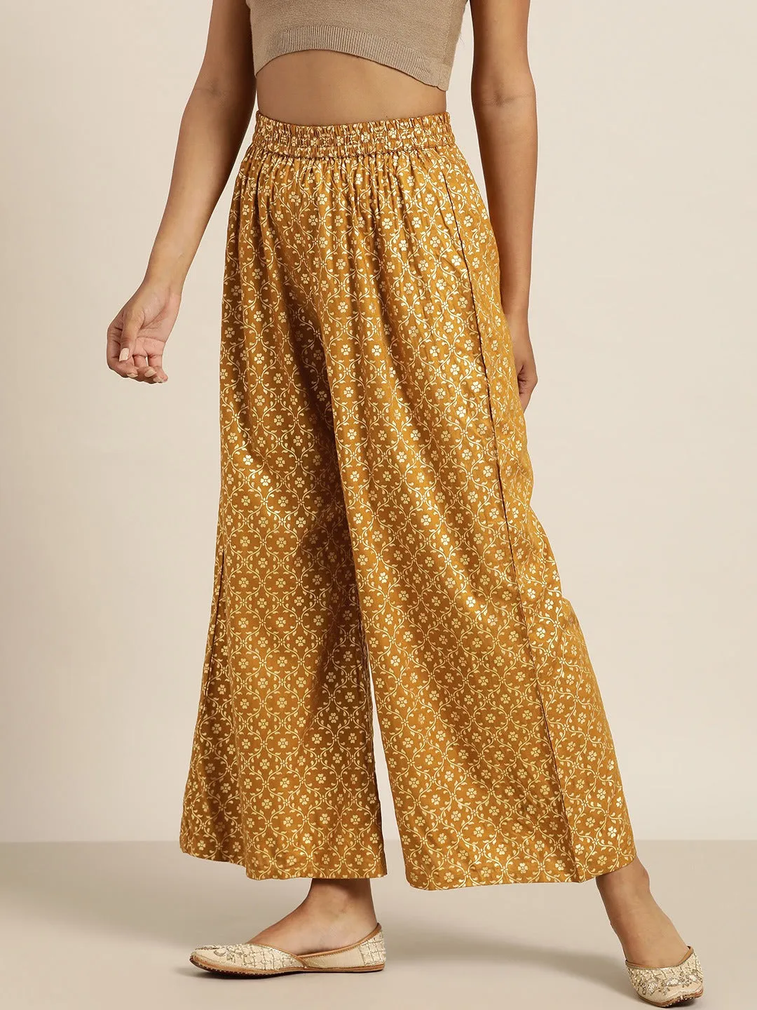 Women Mustard Foil Print Flared Liva Pants