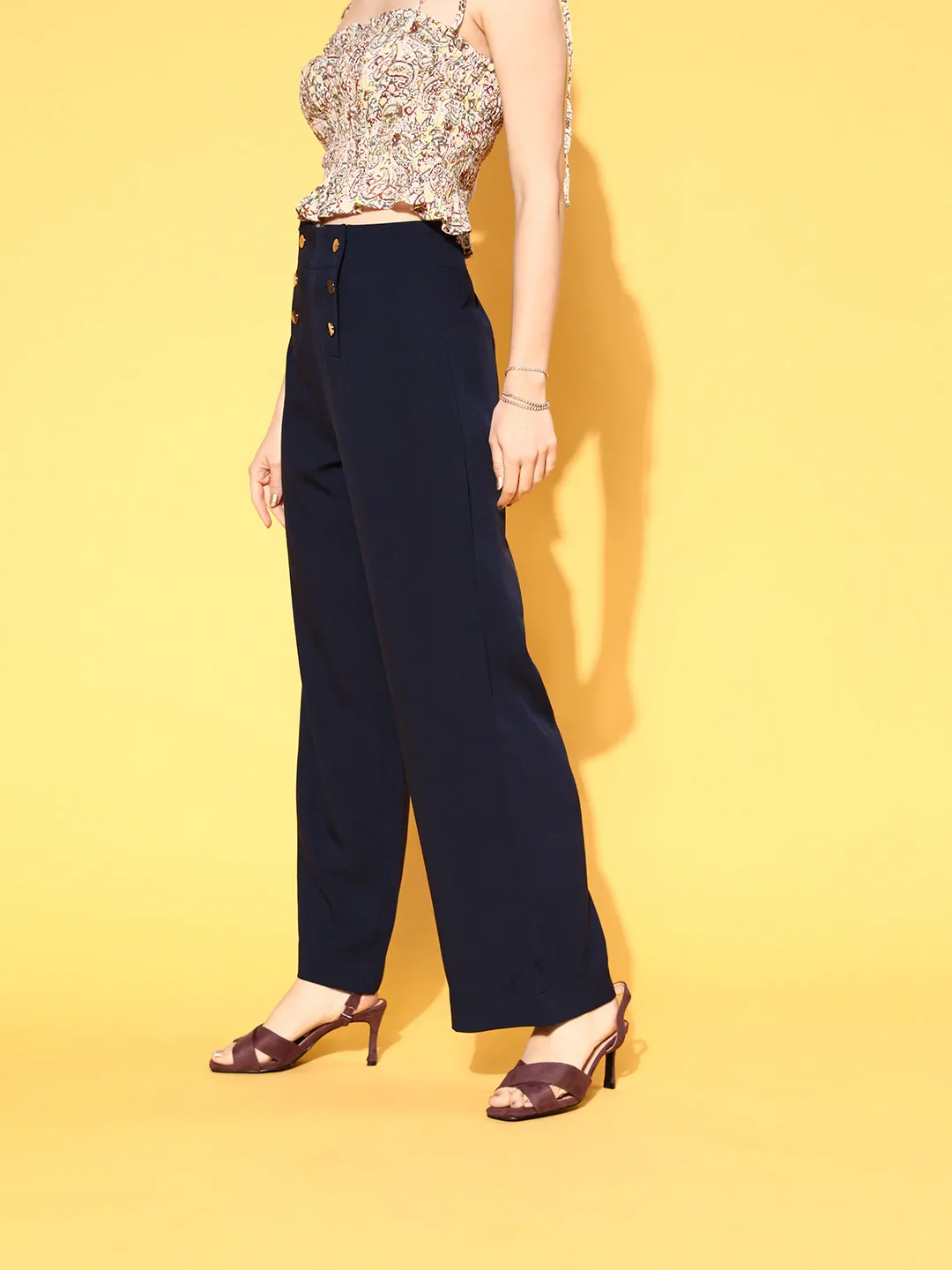 Women Navy Gold Button Detail Flared Pants