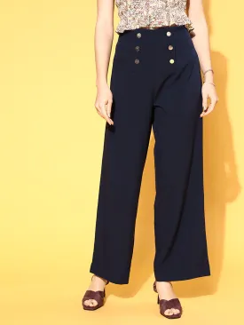 Women Navy Gold Button Detail Flared Pants