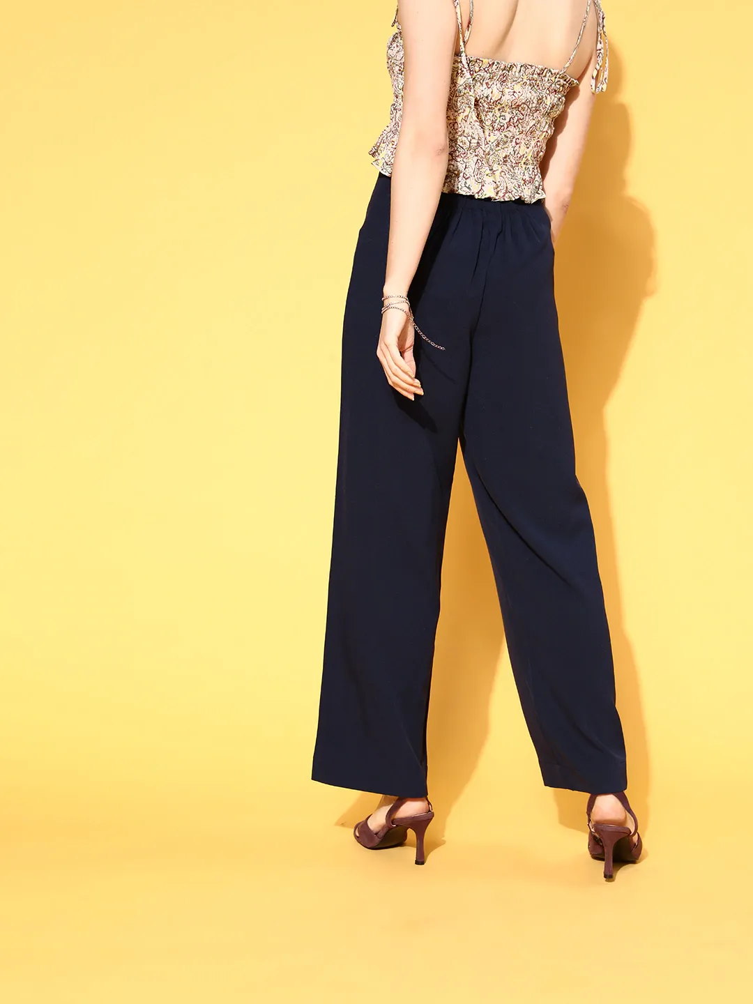 Women Navy Gold Button Detail Flared Pants