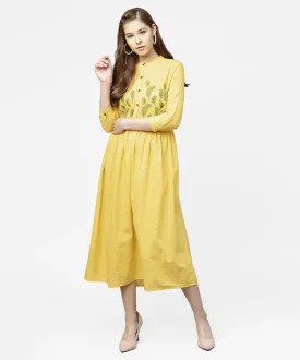 Yellow Block Printed 3/4Th Sleeve Cotton Maxi Dress